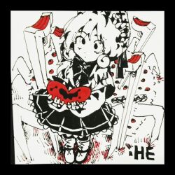 Rule 34 | 1girl, blood, boots, capelet, carboxy, chinese commentary, closed mouth, commentary request, cross-laced footwear, dot mouth, dot nose, frilled hat, frills, hat, hat bell, heart, holding, holding heart, laetitia (project moon), lobotomy corporation, long sleeves, monochrome, pleated skirt, project moon, short hair, skirt, solo, spot color