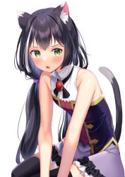 Rule 34 | 1girl, animal ear fluff, animal ears, bare arms, bare shoulders, black hair, black thighhighs, blush, breasts, cat ears, cat girl, cat tail, fang, frilled skirt, frills, green eyes, highres, k mugura, karyl (princess connect!), long hair, looking at viewer, low twintails, multicolored hair, no detached sleeves, parted lips, princess connect!, purple skirt, shirt, simple background, sitting, skirt, sleeveless, sleeveless shirt, small breasts, solo, streaked hair, tail, tail raised, thighhighs, twintails, very long hair, white background, white hair, white shirt