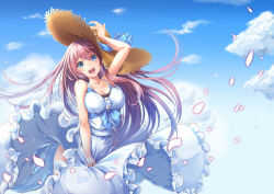 Rule 34 | 1girl, :d, adjusting clothes, adjusting headwear, bare arms, bare shoulders, bit (keikou syrup), blue eyes, blue ribbon, blue sky, blush, breasts, cleavage, cloud, collarbone, cowboy shot, day, dress, dress tug, hat, hat ribbon, large breasts, long hair, looking at viewer, megurine luka, open mouth, petals, pink hair, ribbon, sky, smile, solo, straw hat, sundress, very long hair, vocaloid, white dress