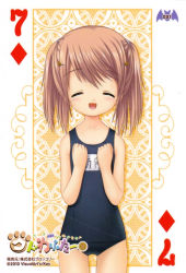 Rule 34 | 1girl, :d, ^ ^, arizuki shiina, brown hair, card, card (medium), child, closed eyes, kud wafter, little busters!, long hair, na-ga, one-piece swimsuit, open mouth, playing card, quad tails, scan, school swimsuit, smile, solo, swimsuit