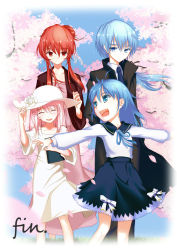 Rule 34 | 10s, 4girls, akuma no riddle, azuma tokaku, blue hair, blue necktie, blue ribbon, blue skirt, bow, brown hair, cherry blossoms, collarbone, dress, eyebrows, french text, hair bow, hat, highres, ichinose haru, if they mated, long hair, mother and daughter, multiple girls, necktie, pink hair, ponytail, ribbon, sadumey, short hair with long locks, skirt, smile, white bow, white dress, white hat, yuri