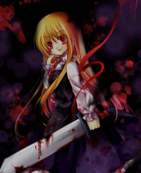 Rule 34 | 1girl, :d, alternate hair length, alternate hairstyle, anna (small night), blonde hair, blood, blood on clothes, blood on face, blouse, dark, darkness, ex-rumia, frilled skirt, frills, long hair, looking at viewer, open mouth, red eyes, ribbon, rumia, shirt, skirt, smile, sword, touhou, weapon