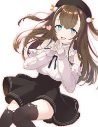 Rule 34 | 1girl, beret, black thighhighs, blue eyes, blush, brown hair, detached sleeves, hat, heart, heart-shaped pupils, highres, long hair, looking at viewer, meme attire, rapunzel (sinoalice), reality arc (sinoalice), ribbon, simple background, sinoalice, skirt, solo, symbol-shaped pupils, thighhighs, twintails, virgin killer outfit, white background, yuna726, zettai ryouiki