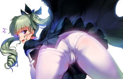 Rule 34 | 10s, 1girl, anchovy (girls und panzer), ass, black skirt, blush, cape, drill hair, embarrassed, eyebrows, girls und panzer, green hair, highres, hino katsuhiko, long hair, looking at viewer, looking back, open mouth, panties, panties under pantyhose, pantyhose, pleated skirt, purple eyes, simple background, skirt, solo, twin drills, underwear, wavy mouth, white background, white pantyhose