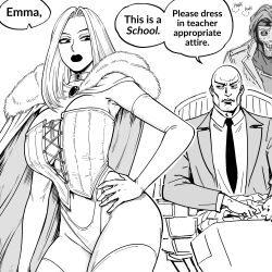 Rule 34 | 1girl, 2boys, absurdres, bald, bb (baalbuddy), black sclera, breasts, cape, charles xavier, choker, collared shirt, colored sclera, commentary, coomer (meme), corset, elbow gloves, emma frost, english commentary, english text, formal, fur-trimmed cape, fur trim, gambit, gloves, greyscale, hand on own hip, highres, jacket, large breasts, lips, long hair, marvel, meme, monochrome, multiple boys, necktie, revealing clothes, shirt, simple background, speech bubble, suit, suit jacket, thighhighs, variant set, white background, x-men