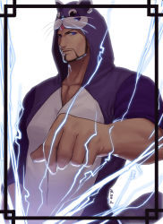 Rule 34 | 1boy, alternate costume, animal costume, artist request, bara, beard, black hair, blue eyes, cat costume, cyphers, dark-skinned male, dark skin, electricity, facial hair, fighting stance, highres, lleyton, male focus, mature male, muscular, muscular male, pectoral cleavage, pectorals, short hair, solo, upper body