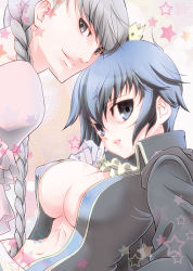 Rule 34 | 1boy, 1girl, atlus, blouse, blue eyes, blue hair, braid, breasts, cabbie hat, cleavage, couple, crossdressing, crown, covered erect nipples, grey eyes, grey hair, hand on own chest, hat, hetero, large breasts, long hair, looking at viewer, narukami yuu, navel, open clothes, open shirt, parted lips, persona, persona 4, sakurasawa yukino, shirogane naoto, shirt, short hair, smile, star (symbol), twintails, wig