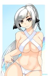 Rule 34 | 1girl, absurdly long hair, animal ears, aquaplus, bare arms, bare shoulders, bikini, breasts, bright pupils, cameltoe, chain, cleavage, clothes pull, collarbone, cowboy shot, crop top, earrings, eyes visible through hair, gradient hair, hair over one eye, head tilt, high ponytail, highres, jewelry, kuon (utawarerumono), kuon tenshi, large breasts, long hair, looking at viewer, midriff, multicolored hair, oh dun dun, panties, panty pull, parted lips, ponytail, raised eyebrows, side-tie bikini bottom, sidelocks, signature, silver hair, sleeveless, solo, spoilers, swept bangs, swimsuit, toned, toned female, underwear, utawarerumono, utawarerumono: futari no hakuoro, utawarerumono: lost flag, very long hair, white pupils, yellow eyes