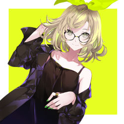 Rule 34 | 1girl, bare shoulders, black-framed eyewear, black dress, black jacket, brown hair, character request, closed mouth, collarbone, dress, glasses, green background, green nails, green ribbon, grey eyes, hair ribbon, hand up, highres, jacket, jewelry, kagamine rin, long sleeves, nail polish, off shoulder, open clothes, open jacket, ribbon, ring, sleeveless, sleeveless dress, smile, solo, strap slip, two-tone background, vocaloid, white background, yuuki kira