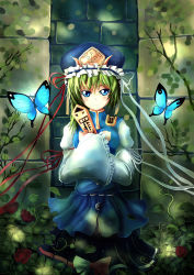 Rule 34 | 1girl, absurdres, blue eyes, bug, butterfly, crossed arms, female focus, flower, green hair, hat, highres, bug, long sleeves, puffy sleeves, rod of remorse, rose, shiki eiki, short hair, solo, touhou, wide sleeves, zen (weishanzhe)