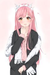 Rule 34 | 1girl, alternate costume, black jacket, black skirt, blush, brown eyes, commentary request, cowboy shot, fate/grand order, fate (series), finger to mouth, formal, gradient background, heart, highres, jacket, long hair, long sleeves, looking at viewer, medb (fate), medb (formal dress) (fate), mirai (mirai76 ), open mouth, pencil skirt, pink background, pink hair, round teeth, scarf, skirt, skirt suit, solo, suit, teeth, tiara, white scarf