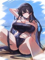 Rule 34 | 1girl, arm up, armpits, bare arms, bare shoulders, beach, black choker, black hair, black one-piece swimsuit, blue sky, blush, breasts, choker, closed mouth, commentary, commission, day, hand in own hair, highres, jewelry, large breasts, long hair, looking at viewer, merumeko, navel, necklace, ocean, one-piece swimsuit, original, outdoors, purple eyes, sitting, sky, smile, swimsuit, symbol-only commentary, thighs, very long hair, water, wet