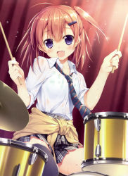 Rule 34 | 1girl, :d, absurdres, ahoge, blue eyes, blush, breasts, brown hair, chikotam, clothes around waist, diagonal-striped clothes, diagonal-striped necktie, drum, drum set, drumming, drumsticks, fang, hair ornament, hairclip, highres, instrument, looking at viewer, necktie, open mouth, original, scan, school uniform, short hair, side ponytail, sitting, skirt, sleeves rolled up, small breasts, smile, solo, striped clothes, striped necktie, sweat, sweater, sweater around waist, wet, wet clothes
