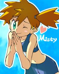 Rule 34 | 00s, 1girl, blue background, blue one-piece swimsuit, blush stickers, character name, collarbone, creatures (company), furrowed brow, game freak, green eyes, gym leader, heart, leaning forward, looking at viewer, misty (pokemon), navel, nintendo, one-piece swimsuit, one eye closed, orange hair, outline, own hands clasped, pokemon, pokemon frlg, shigino sohuzi, side ponytail, smile, solo, swimsuit, upper body, wink
