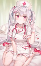 Rule 34 | 1girl, absurdres, apron, blush, choker, closed mouth, commentary request, dress, gloves, hair intakes, hair ornament, hat, highres, holding, huge filesize, long hair, looking at viewer, nijisanji, nurse cap, pill, pink footwear, shoes, short sleeves, silver hair, sitting, solo, stethoscope, sukoya kana, syringe, tissue, tokkyu, twintails, very long hair, virtual youtuber, wariza, white dress, white gloves, wing collar, x hair ornament