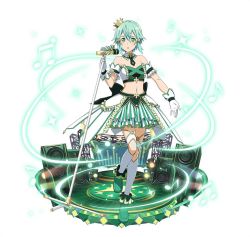 Rule 34 | 1girl, aqua hair, arm strap, beamed quavers, choker, crop top, crown, detached collar, full body, gloves, green eyes, green footwear, green necktie, hair ornament, holding, idol, kneehighs, layered skirt, leg up, looking at viewer, microphone stand, midriff, mini crown, musical note, navel, necktie, open mouth, ribbon, short hair with long locks, short necktie, sidelocks, simple background, sinon, skirt, socks, solo, standing, standing on one leg, stomach, strapless, striped clothes, striped ribbon, striped skirt, sword art online, vertical-striped clothes, vertical-striped skirt, white background, white gloves, white socks