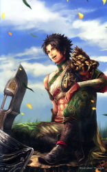 Rule 34 | 1boy, abs, absurdres, armor, blade, boots, brown eyes, brown hair, clothes, cloud, day, highres, male focus, muscular, official art, outdoors, pants, shin sangoku musou, shin sangoku musou 8, shirt, short hair, sitting, sky, smile, solo, spiked hair, teeth, weapon, zhang bao
