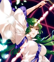 Rule 34 | 1girl, alternate eye color, arm up, armpits, breasts, commentary request, danmaku, detached sleeves, frog hair ornament, green hair, hair ornament, hair tubes, holding, hug (yourhug), kochiya sanae, large breasts, long hair, long sleeves, looking at viewer, magical girl, smile, snake hair ornament, solo, touhou, upper body, wide sleeves, wing collar, yellow eyes