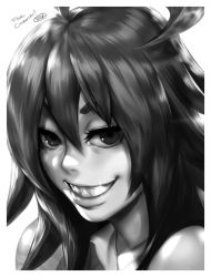Rule 34 | 1girl, ahoge, artipelago, greyscale, grin, holly cerrid, looking at viewer, monochrome, original, portrait, sharp teeth, simple background, smile, solo, teeth, the art mage, white background