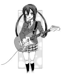 Rule 34 | 00s, 1girl, blackheart, female focus, greyscale, guitar, instrument, k-on!, monochrome, mustang (guitar), nakano azusa, school uniform, skirt, solo, twintails, white background