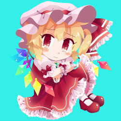 Rule 34 | 1girl, aqua background, blonde hair, blush stickers, brooch, chibi, closed mouth, commentary request, crossed arms, flandre scarlet, frilled skirt, frilled sleeves, frills, full body, green brooch, hat, hat ribbon, jewelry, looking at viewer, maa (forsythia1729), mary janes, medium hair, mob cap, puffy short sleeves, puffy sleeves, rainbow order, red eyes, red footwear, red ribbon, red skirt, red vest, ribbon, shirt, shoes, short sleeves, skirt, skirt set, solo, touhou, vest, white hat, white legwear, white shirt, wings