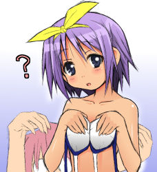 Rule 34 | 00s, 1girl, ?, bikini, bow, breasts, clothes in front, collarbone, covering privates, covering breasts, female focus, hair bow, hair ribbon, hairband, highres, hiiragi tsukasa, lucky star, naz (garyuuya), nude, nude cover, open mouth, purple eyes, purple hair, ribbon, short hair, simple background, solo, swimsuit, tareme, topless, topless frame, upper body
