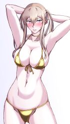 Rule 34 | 1girl, arms behind head, bikini, bikini day, blonde hair, breasts, cleavage, cowboy shot, front-tie bikini top, front-tie top, gold bikini, gradient background, graf zeppelin (kancolle), grey eyes, hair between eyes, highres, kantai collection, large breasts, misono chiaki, navel, sidelocks, solo, standing, swimsuit, twintails, white background