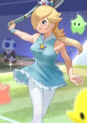 Rule 34 | 1girl, blonde hair, blue toad (mario), blurry, blurry background, blurry foreground, breasts, crown, dress, earrings, hair over one eye, highres, holding tennis racket, jewelry, kurere1202, long hair, luma (mario), mario (series), mario tennis, mario tennis aces, medium breasts, mini crown, motion blur, nintendo, pantyhose, rosalina, short dress, sleeveless, sleeveless dress, sparkle, star (symbol), star earrings, toad (mario), white pantyhose