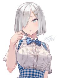 Rule 34 | 1girl, artist name, blue eyes, blush, breasts, buttons, collared shirt, dated, hair ornament, hair over one eye, hairclip, hamakaze (kancolle), highres, kantai collection, kobeya uniform, large breasts, one-hour drawing challenge, open mouth, rokuwata tomoe, shirt, short hair, short sleeves, signature, silver hair, solo, twitter username, upper body, white shirt