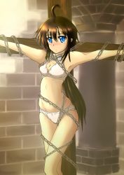 Rule 34 | 1girl, absurdres, ahoge, armpits, bdsm, blue eyes, blush, bondage, bound, bra, breasts, chain, cleavage, closed mouth, commentary request, cross, crotch seam, crucifixion, frown, goggles, goggles around neck, groin, highres, indoors, kanon (sennen sensou aigis), looking at viewer, makura (mkr555), outstretched arms, panties, sennen sensou aigis, short hair, skindentation, small breasts, solo, spread arms, thighs, underwear, white bra, white panties