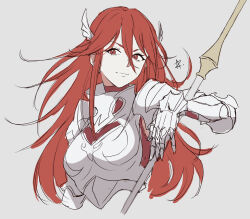 1girl armor breastplate closed_mouth cordelia_(fire_emblem) cropped_torso feather_hair_ornament feathers fire_emblem fire_emblem_awakening hair_between_eyes hair_ornament holding holding_polearm holding_weapon long_bangs long_hair looking_at_viewer nintendo polearm red_eyes red_hair smile solo weapon zedoraart