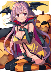 Rule 34 | 1girl, :&lt;, ahoge, belt, breasts, cape, cleavage, clothing cutout, demon tail, fingerless gloves, gloves, halloween, head wings, heart, heart cutout, highres, jack-o&#039;-lantern, large breasts, long hair, looking at viewer, original, pink hair, pumpkin, red eyes, saiste, solo, striped clothes, striped thighhighs, tail, thighhighs, very long hair, wings