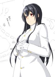 Rule 34 | 10s, 1girl, black hair, brown eyes, commentary request, epaulettes, female admiral (kancolle), female focus, fingers together, gloves, hair between eyes, highres, jacket, kantai collection, long hair, map, military, military uniform, niwatazumi, sidelocks, sketch, smile, solo, tatebayashi sakurako, translation request, uniform, white background, white gloves