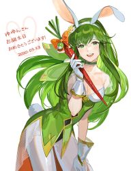 Rule 34 | 1girl, animal ears, breasts, rabbit ears, rabbit tail, playboy bunny, carrot, choker, cleavage, dated, fake animal ears, fake tail, female focus, fire emblem, fire emblem: mystery of the emblem, fire emblem heroes, gloves, green eyes, green hair, headband, highres, holding, kyufe, long hair, looking at viewer, matching hair/eyes, medium breasts, nintendo, open mouth, palla (fire emblem), simple background, smile, solo, tail, white background, white gloves, white headband, white legwear