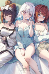 Rule 34 | 3girls, ange katrina, ange katrina (4th costume), animal ears, artist name, bare shoulders, bed sheet, blue eyes, blue hair, blue pajamas, blunt bangs, blush, bow, breasts, brown pants, button gap, camisole, cleavage, collarbone, colored inner hair, dog ears, dolphin shorts, feet out of frame, flat chest, frilled pajamas, group name, hair intakes, hair ornament, hairclip, highres, inui toko, inui toko (6th costume), kuro-kun (nablack), large breasts, lize helesta, looking at another, looking at viewer, lying, medium breasts, multicolored hair, multiple girls, nijisanji, on back, one eye closed, pajamas, pants, parted bangs, parted lips, purple eyes, red hair, sanbaka (nijisanji), short hair, shorts, sidelocks, smile, swept bangs, thighs, virtual youtuber, white bow, white hair, white pajamas, white pants, yellow eyes