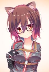 Rule 34 | 1girl, animal ears, black-framed eyewear, black gloves, blush, breasts, brown background, brown hair, cat ears, cleavage, closed mouth, collarbone, commentary request, elbow gloves, fuuna, glasses, gloves, gradient background, grey jacket, hair between eyes, head tilt, hololive, jacket, looking at viewer, mechanical arms, medium breasts, red eyes, roboco-san, roboco-san (1st costume), short sleeves, smile, solo, virtual youtuber