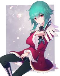 Rule 34 | 1girl, ambiguous gender, androgynous, asellus (saga frontier), bow, bowtie, coat, eyes visible through hair, flower, green hair, hair between eyes, holding, holding sword, holding weapon, looking at viewer, red coat, red eyes, ribbon, saga, saga frontier, sasa onigiri, short hair, sitting, solo, sword, weapon