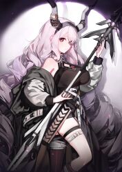 Rule 34 | 1girl, absurdly long hair, absurdres, arknights, bare shoulders, black shirt, black thighhighs, breasts, cleavage cutout, clothing cutout, drill hair, feet out of frame, from side, hand up, highres, holding, holding staff, horns, jacket, large breasts, long hair, long sleeves, looking at viewer, off shoulder, open clothes, open jacket, purple eyes, purple hair, ribiadan, shirt, sidelocks, single thighhigh, sleeveless, sleeveless shirt, solo, spotlight, staff, thighhighs, typhon (arknights), very long hair, white jacket