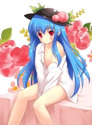 Rule 34 | 1girl, bare shoulders, blue hair, bottomless, dress shirt, female focus, flat chest, floral background, flower, food, fruit, hat, hinanawi tenshi, long hair, looking at viewer, naked shirt, no pants, off shoulder, peach, red eyes, revision, shirt, sitting, smile, solo, touhou, v arms, yamasan