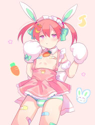 1boy :o animal_ears banana_hair_ornament bandaid bandaid_on_leg bandaids_on_nipples bow bulge carrot crossdressing detached_collar detached_sleeves dress dress_bow fake_animal_ears food-themed_hair_ornament frilled_dress frills gloves green_bow hair_between_eyes hair_ornament headdress looking_at_viewer male_focus original panties pasties paw_gloves pink_dress pink_eyes pink_hair rabbit rabbit_ears sesami_sesasesa shiny_skin short_hair short_twintails solo standing star_(symbol) striped_clothes striped_panties trap twintails underwear white_bow