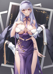 Rule 34 | 1girl, absurdres, azur lane, blunt bangs, blush, breasts, cleavage, collar, dido (anxious bisque doll) (azur lane), dido (azur lane), dress, hairband, hand on own chest, highres, large breasts, light purple hair, long hair, lubikaya, official alternate costume, purple dress, red eyes, side slit, solo, thighs, white hair