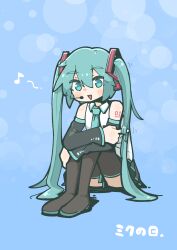 1girl absurdres arm_warmers blue_background blue_eyes blue_hair boots collared_shirt floating_headgear full_body hatsune_miku headgear highres hugging_own_legs karameru kneehighs long_hair miku_day music open_mouth shirt shoulder_tattoo simple_background singing sitting skirt sleeveless socks solo tattoo twintails very_long_hair vocaloid white_shirt