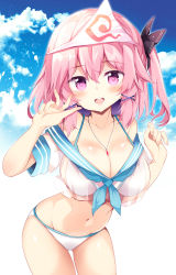 Rule 34 | 1girl, bare shoulders, bikini, black bow, blue neckerchief, blue sky, blush, bow, breasts, cleavage, cloud, commentary request, cowboy shot, hair between eyes, hair bow, highres, jewelry, large breasts, long hair, looking at viewer, maturiuta sorato, navel, neckerchief, off shoulder, one side up, open mouth, pendant, pink eyes, pink hair, saigyouji yuyuko, sailor bikini, sailor collar, see-through, short sleeves, sky, smile, solo, stomach, swimsuit, touhou, triangular headpiece, white bikini