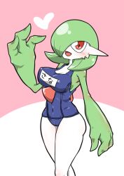 Rule 34 | 1girl, arm at side, bare shoulders, blue one-piece swimsuit, blush, bob cut, breasts, cameltoe, character name, cleavage, clothed pokemon, colored skin, covered erect nipples, covered navel, creatures (company), female focus, game freak, gardevoir, gen 3 pokemon, green hair, green skin, hair over one eye, hand up, happy, heart, japanese text, kazamidoririnn, looking at viewer, medium breasts, multicolored skin, nintendo, one-piece swimsuit, one eye covered, open mouth, personification, pink background, pokemon, pokemon (creature), red eyes, school swimsuit, shiny skin, short hair, simple background, smile, solo, standing, swimsuit, thighs, translated, two-tone background, two-tone skin, variant set, white skin