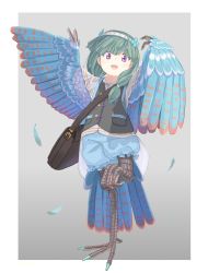 Rule 34 | 1girl, arms up, bag, bird legs, blue feathers, blue wings, commentary request, feathered wings, feathers, flower, green hair, hair flower, hair ornament, harpy, headband, highres, messenger bag, monster girl, niquoro, open mouth, original, purple eyes, shoulder bag, solo, standing, standing on one leg, talons, v, vest, winged arms, wings