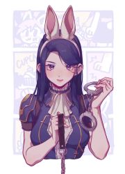Rule 34 | 1girl, absurdres, animal ears, arcane: league of legends, ascot, blush, breasts, caitlyn (league of legends), closed mouth, cropped torso, cuffs, fake animal ears, grey background, hair behind ear, handcuffs, highres, holding, holding handcuffs, large breasts, league of legends, leash, long hair, puffy short sleeves, puffy sleeves, rabbit ears, ruan chen yue, short sleeves, smile, solo, white ascot