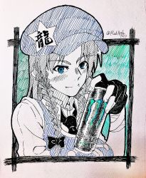 Rule 34 | 1girl, ballpoint pen (medium), beret, blue eyes, cabbie hat, china dress, chinese clothes, dress, hat, hat ornament, highres, hong meiling, long hair, redapple1012, star (symbol), star hat ornament, touhou, traditional media
