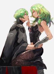 Rule 34 | 1boy, 1girl, arm guards, black footwear, black pantyhose, byleth (female) (fire emblem), byleth (fire emblem), byleth (male) (fire emblem), cape, dual persona, eye contact, finger to another&#039;s mouth, fire emblem, fire emblem: three houses, green hair, high heels, highres, pantyhose under shorts, looking at another, medium hair, nail polish, nintendo, pantyhose, patterned clothing, selfcest, short hair, shorts, simple background, sitting, smile, vic (vedream), white background