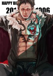 Rule 34 | 1boy, abs, absurdres, birthday, blood, earrings, highres, hole, injury, jewelry, male focus, one piece, open clothes, open shirt, shirt, sitting, solo, tattoo, trafalgar law, vashua