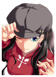 Rule 34 | 00s, 1girl, aqua eyes, black hair, closed mouth, earrings, eyelashes, fate/stay night, fate (series), female focus, fingernails, hat, jewelry, long hair, long sleeves, one eye closed, ring, simple background, solo, tohsaka rin, turtleneck, twintails, white background